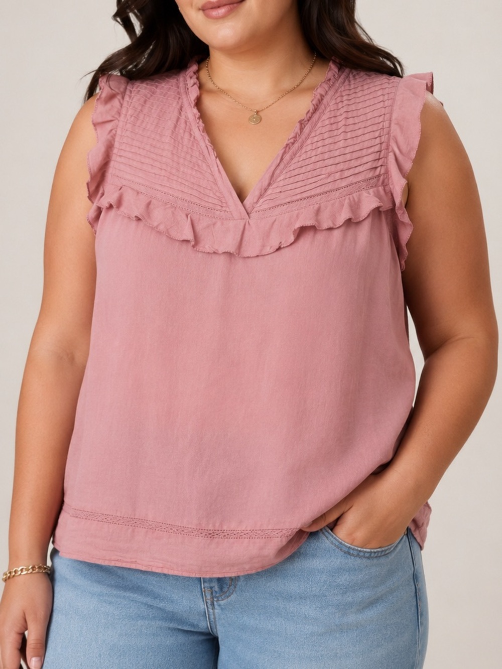Banana Republic Pintuck Ruffle Sleeveless Top XL Pink Lyocell Blend